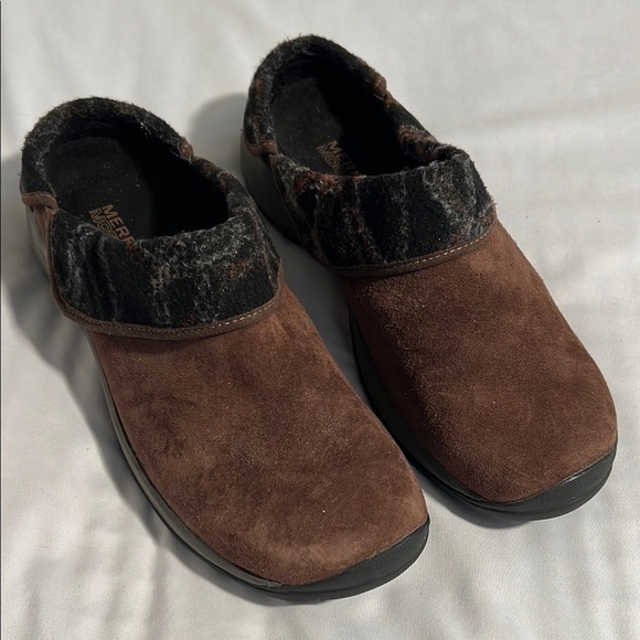 Merrell Womens Bracken Suede Clog Mule Slip‎ On Brown Plaid Trim Size 8 - Picture 1 of 5